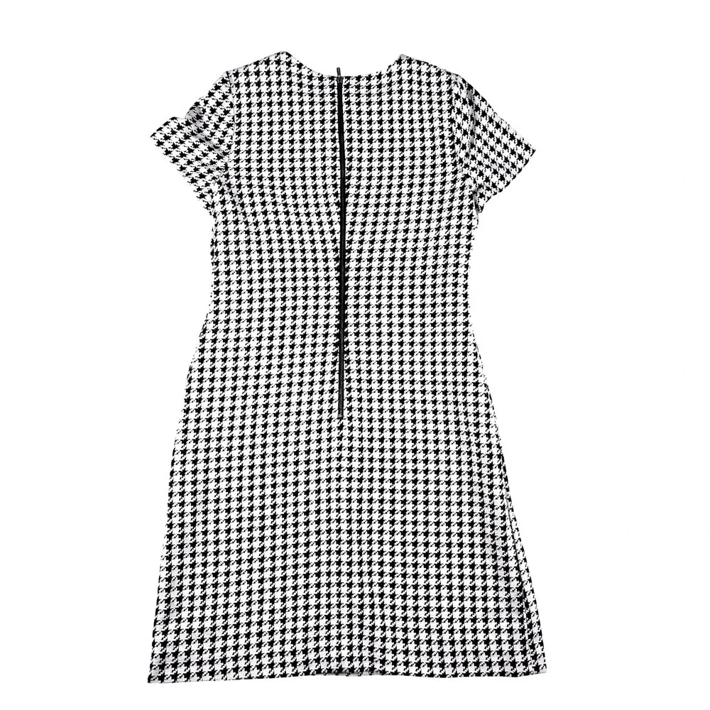 Calvin Klein Houndstooth Sheath Dress Women 6 Black White Short Sleeve Workwear